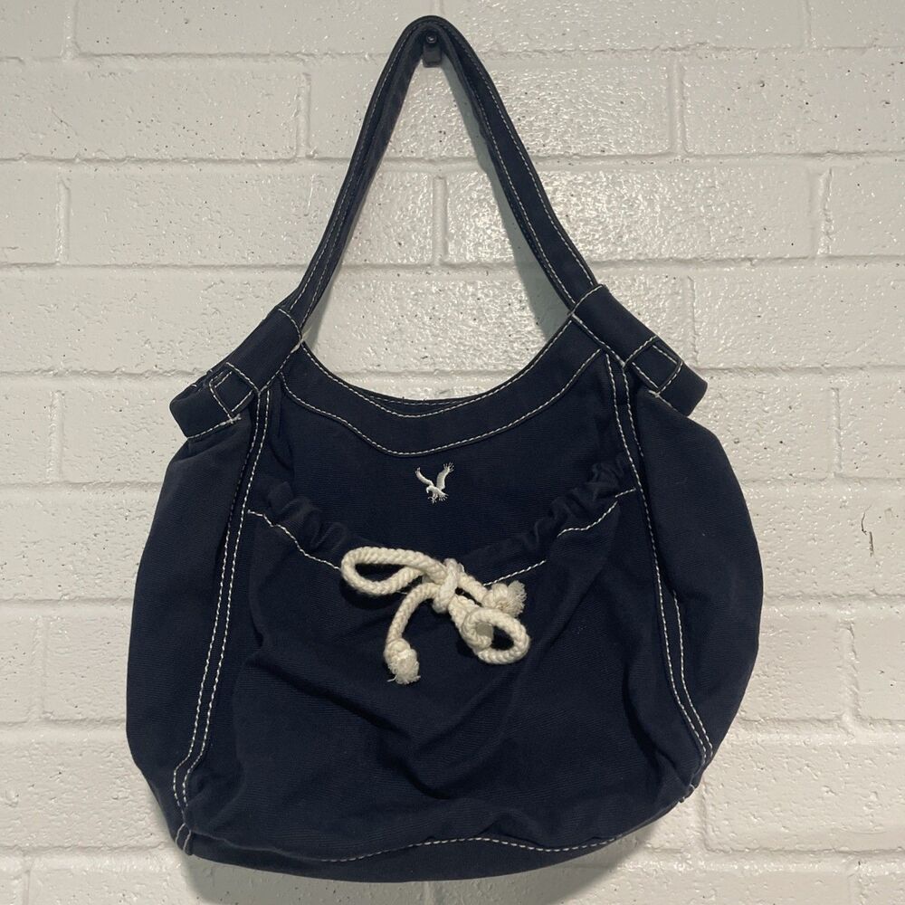 American Eagle Vintage Shoulder Handbag Fabric Canvas Bag Navy Nautical Tote Y2K